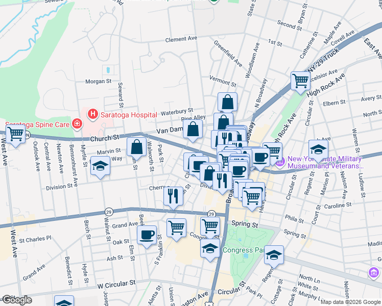 map of restaurants, bars, coffee shops, grocery stores, and more near 78 Church Street in Saratoga Springs