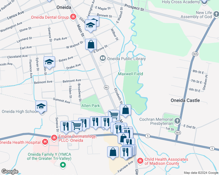 map of restaurants, bars, coffee shops, grocery stores, and more near 525 Main Street in Oneida