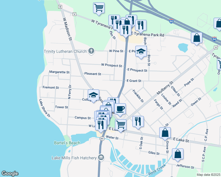 map of restaurants, bars, coffee shops, grocery stores, and more near 218 West Grant Street in Lake Mills