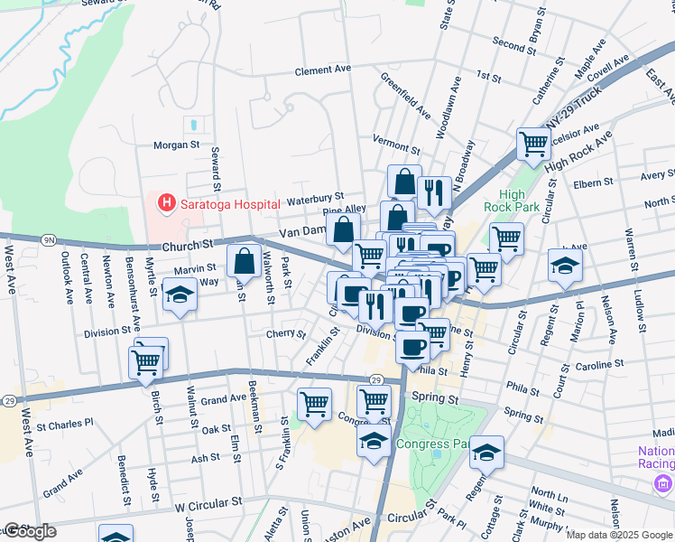 map of restaurants, bars, coffee shops, grocery stores, and more near 25 Lawrence Street in Saratoga Springs