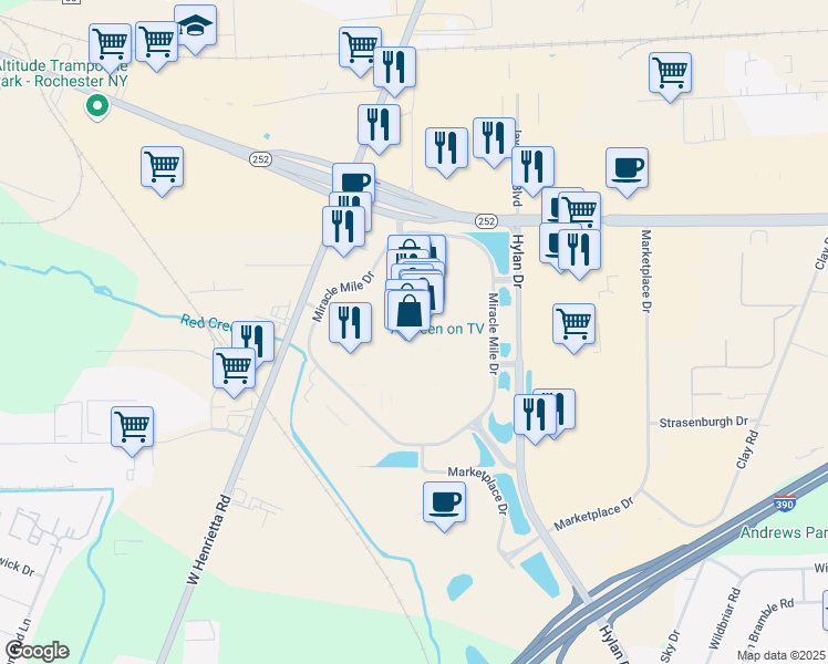 map of restaurants, bars, coffee shops, grocery stores, and more near 3400 West Henrietta Road in Rochester