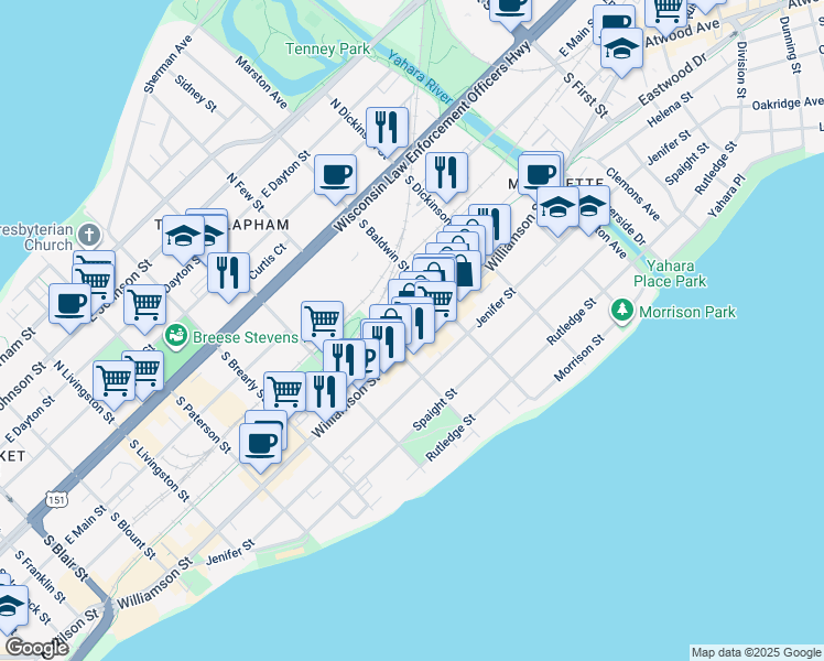 map of restaurants, bars, coffee shops, grocery stores, and more near 1231 East Wilson Street in Madison
