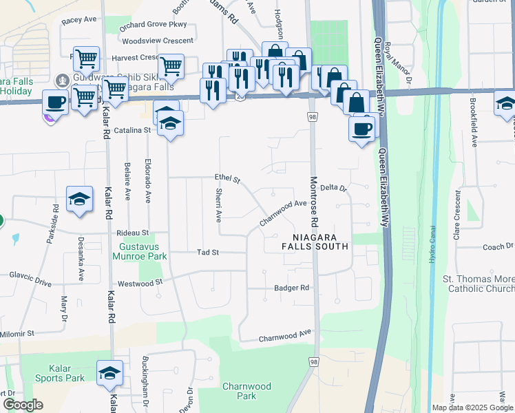 map of restaurants, bars, coffee shops, grocery stores, and more near 7786 Salisbury Place in Niagara Falls