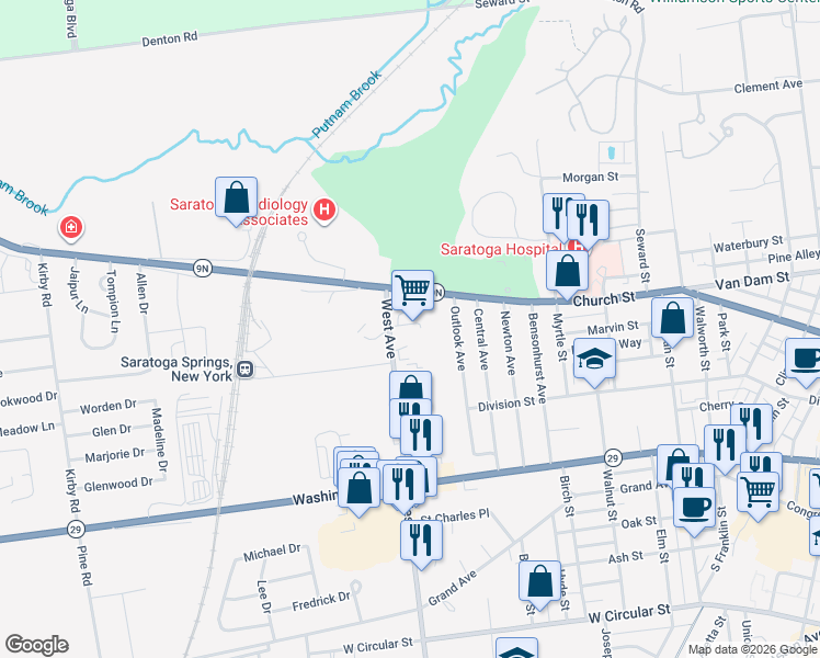 map of restaurants, bars, coffee shops, grocery stores, and more near 16 West Avenue in Saratoga Springs