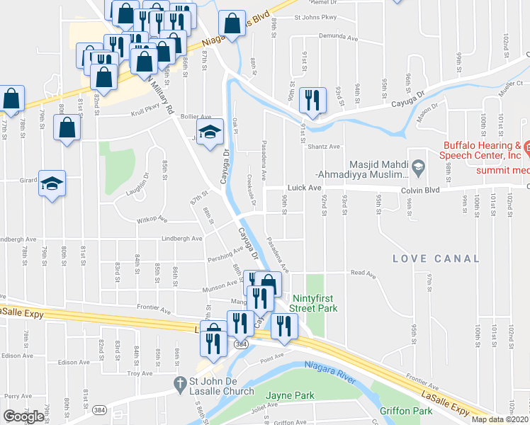 map of restaurants, bars, coffee shops, grocery stores, and more near 8900 Lindbergh Avenue in Niagara Falls