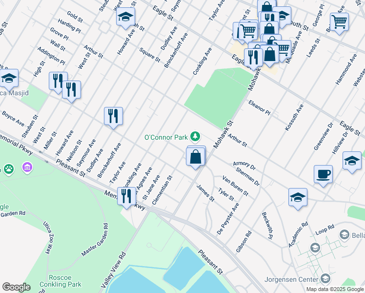 map of restaurants, bars, coffee shops, grocery stores, and more near 619 Emily Street in Utica