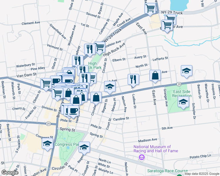 map of restaurants, bars, coffee shops, grocery stores, and more near 12 East Harrison Street in Saratoga Springs