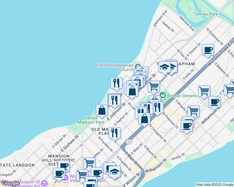 map of restaurants, bars, coffee shops, grocery stores, and more near 752 East Gorham Street in Madison