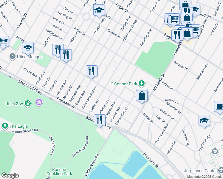 map of restaurants, bars, coffee shops, grocery stores, and more near 1544 Conkling Avenue in Utica