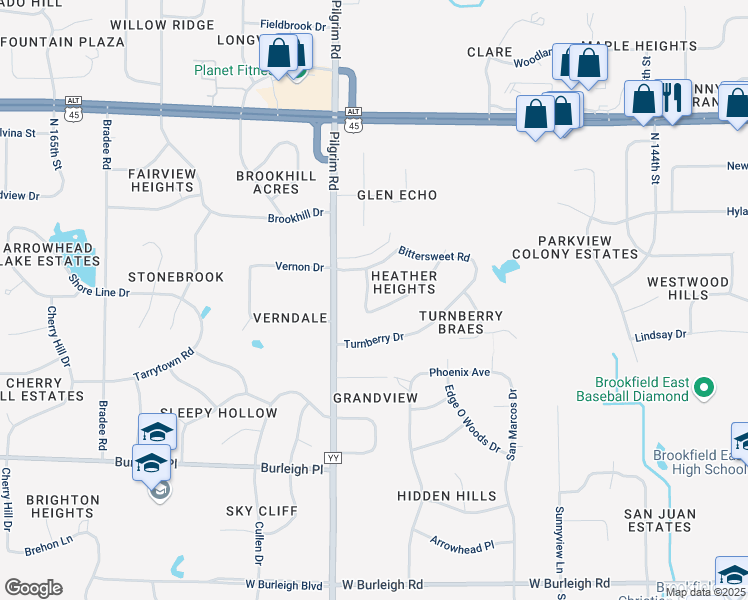 map of restaurants, bars, coffee shops, grocery stores, and more near 15445 Saint Therese Boulevard in Brookfield