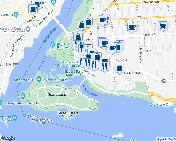 map of restaurants, bars, coffee shops, grocery stores, and more near 24 Buffalo Avenue in Niagara Falls