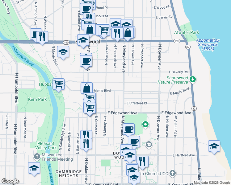 map of restaurants, bars, coffee shops, grocery stores, and more near 2106 East Menlo Boulevard in Shorewood