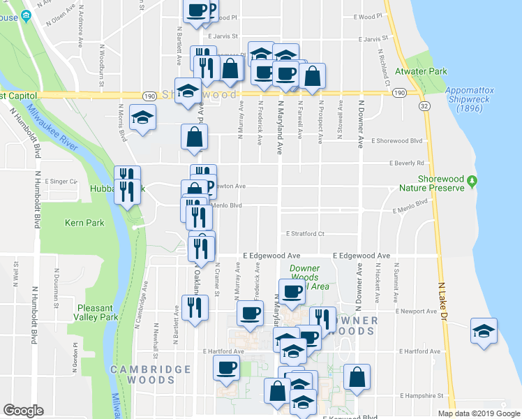 map of restaurants, bars, coffee shops, grocery stores, and more near 3566 North Frederick Avenue in Milwaukee