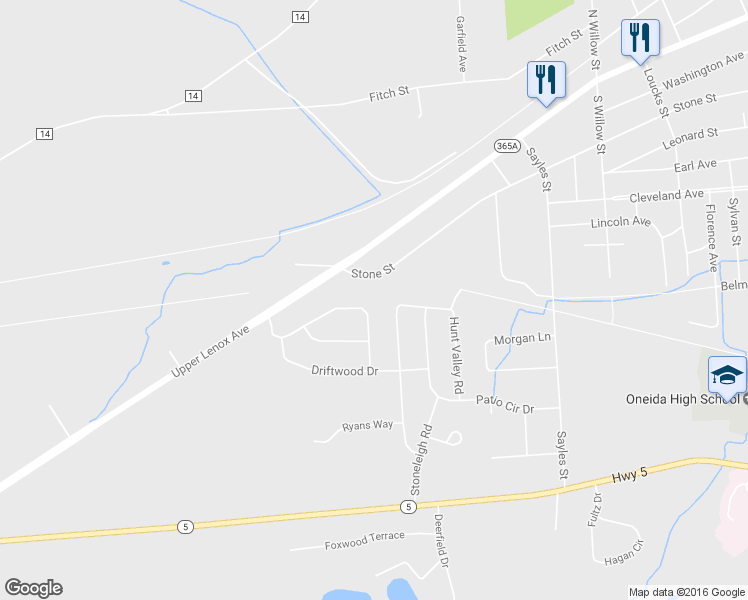 map of restaurants, bars, coffee shops, grocery stores, and more near 165 Willow Meadow Way in Oneida