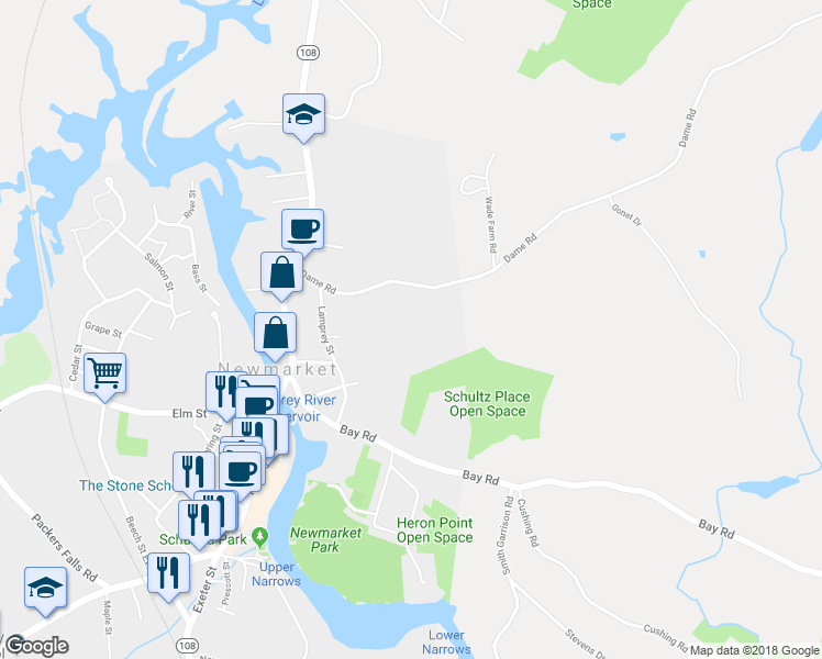 map of restaurants, bars, coffee shops, grocery stores, and more near 36 Dame Road in Newmarket
