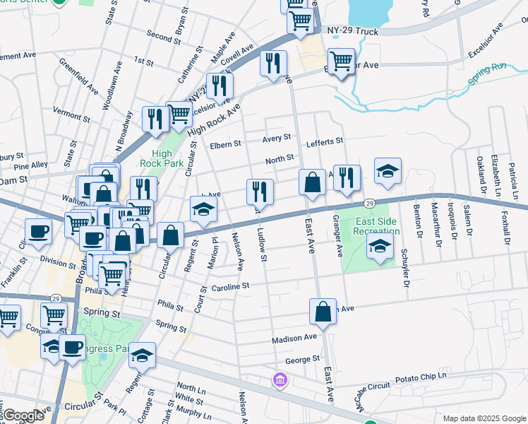 map of restaurants, bars, coffee shops, grocery stores, and more near 107 Middle Avenue in Saratoga Springs