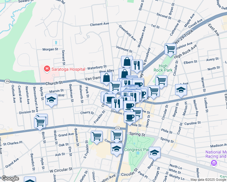 map of restaurants, bars, coffee shops, grocery stores, and more near 65 Clinton Street in Saratoga Springs
