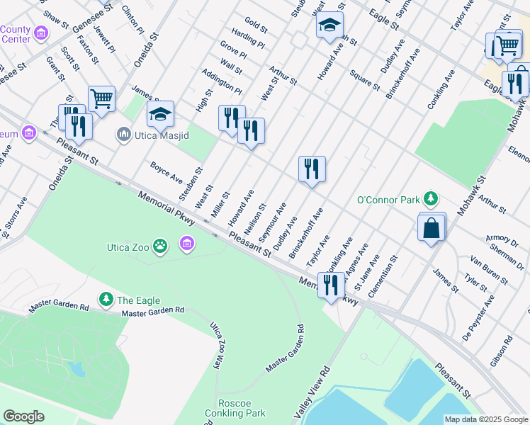 map of restaurants, bars, coffee shops, grocery stores, and more near 1621 Neilson Street in Utica