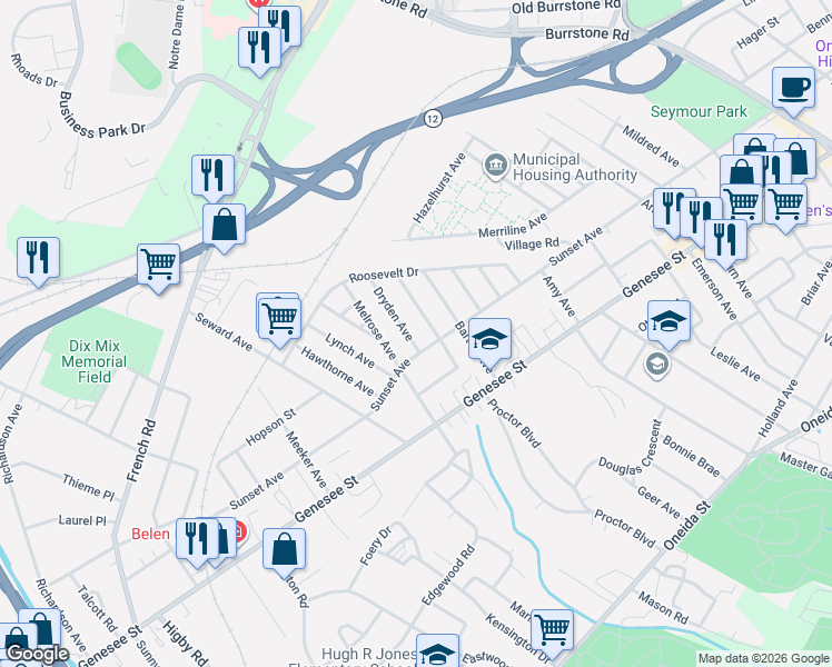 map of restaurants, bars, coffee shops, grocery stores, and more near 114 Dryden Avenue in Utica