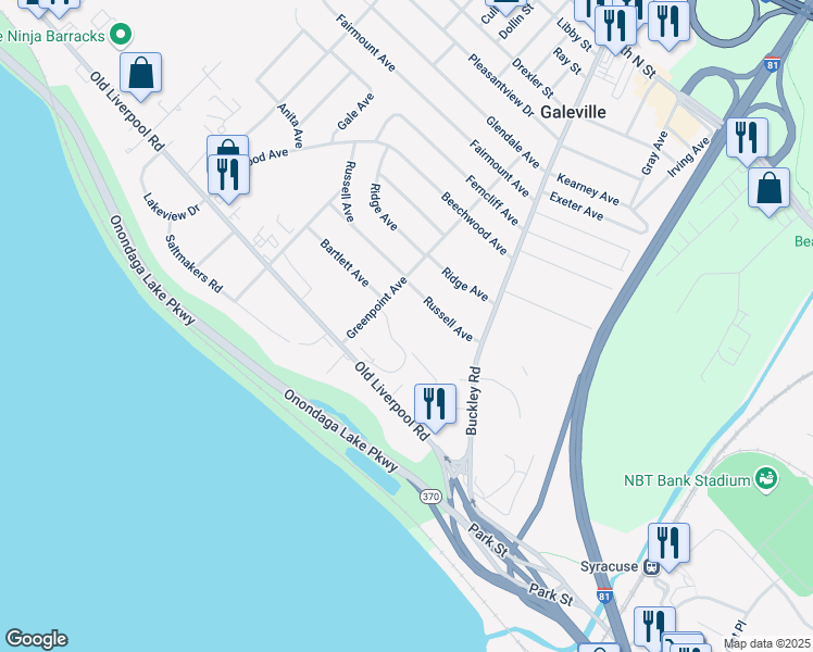 map of restaurants, bars, coffee shops, grocery stores, and more near 119 Russell Avenue in Liverpool