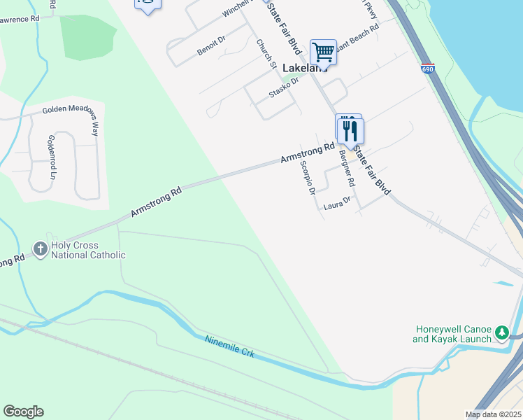 map of restaurants, bars, coffee shops, grocery stores, and more near 169 Armstrong Road in Syracuse