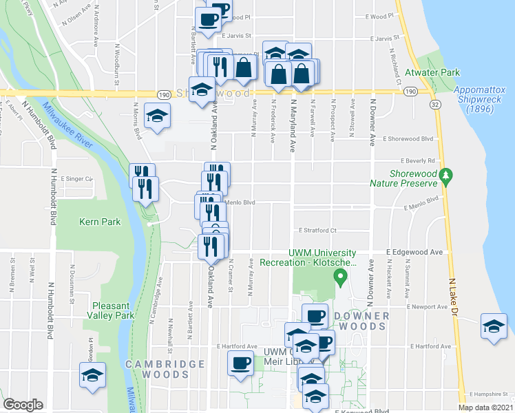 map of restaurants, bars, coffee shops, grocery stores, and more near 3606 North Murray Avenue in Milwaukee