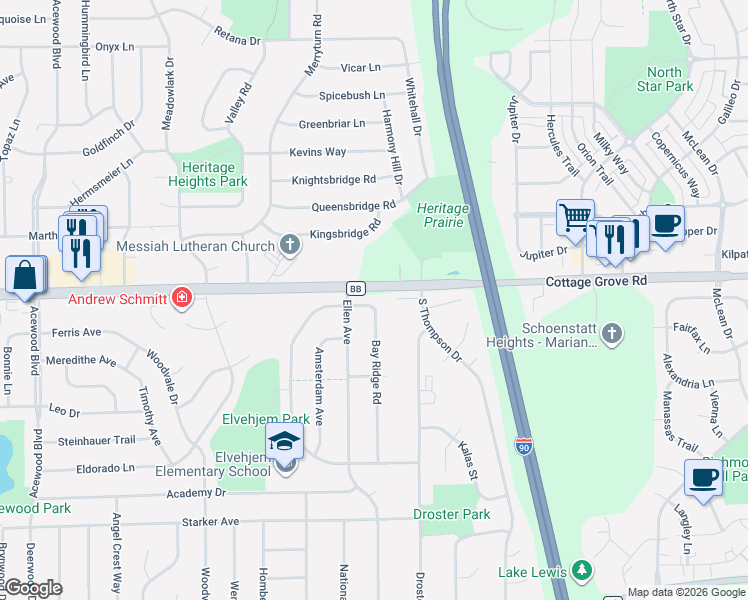map of restaurants, bars, coffee shops, grocery stores, and more near 5314 Cottage Grove Road in Madison