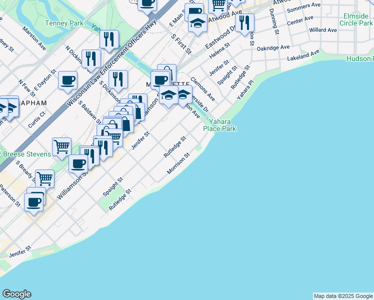 map of restaurants, bars, coffee shops, grocery stores, and more near 1439 Rutledge Street in Madison