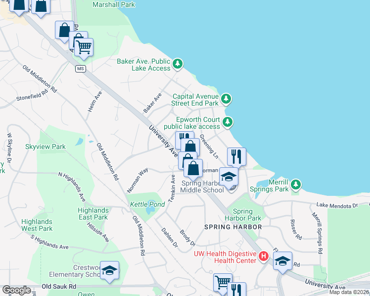 map of restaurants, bars, coffee shops, grocery stores, and more near 1714 Camus Lane in Madison