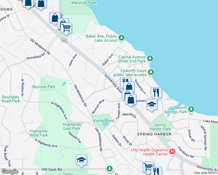 map of restaurants, bars, coffee shops, grocery stores, and more near 5605 University Avenue in Madison