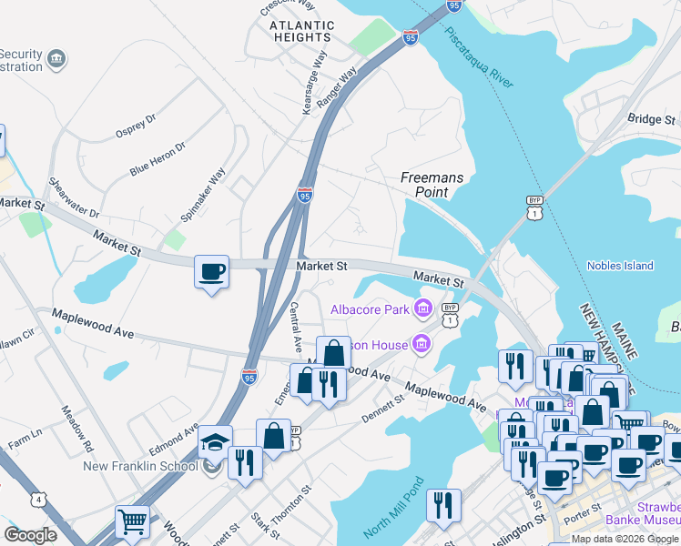 map of restaurants, bars, coffee shops, grocery stores, and more near 200 Chase Drive in Portsmouth