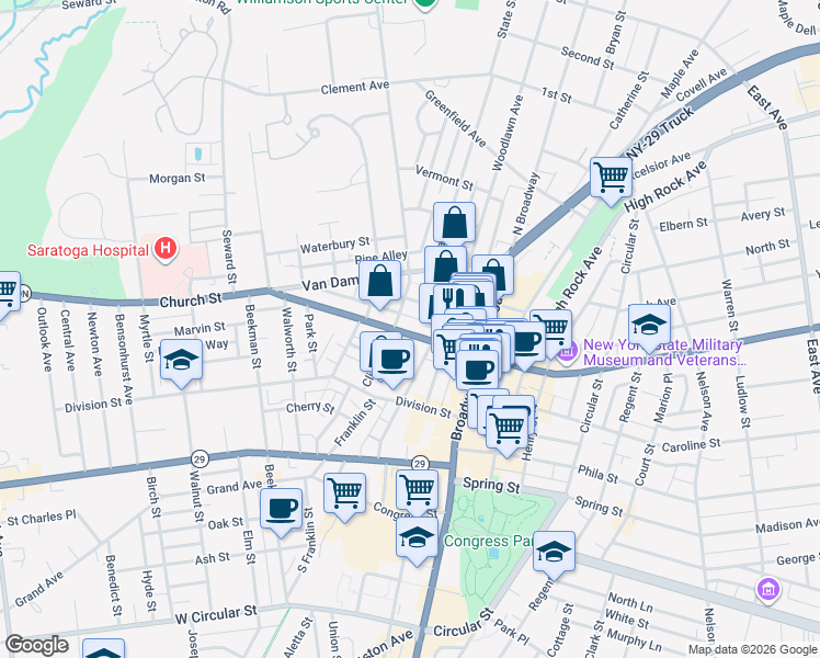 map of restaurants, bars, coffee shops, grocery stores, and more near 65 Clinton Street in Saratoga Springs