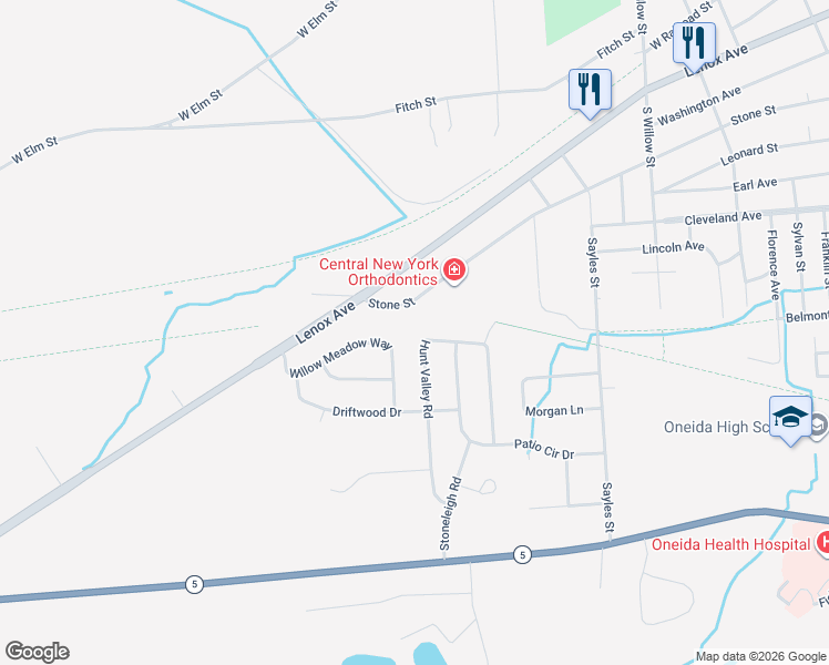 map of restaurants, bars, coffee shops, grocery stores, and more near 165 Willow Meadow Way in Oneida
