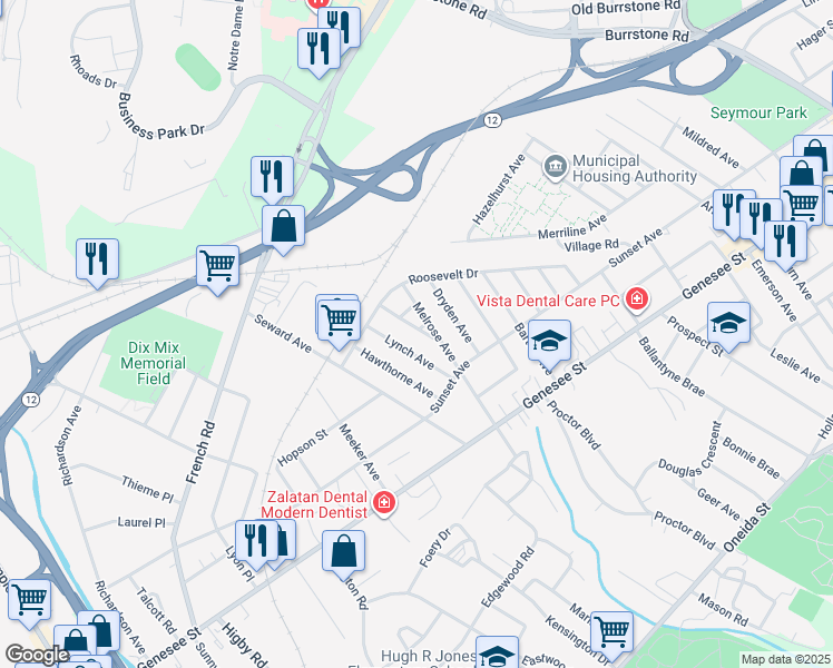 map of restaurants, bars, coffee shops, grocery stores, and more near 155 Melrose Avenue in Utica