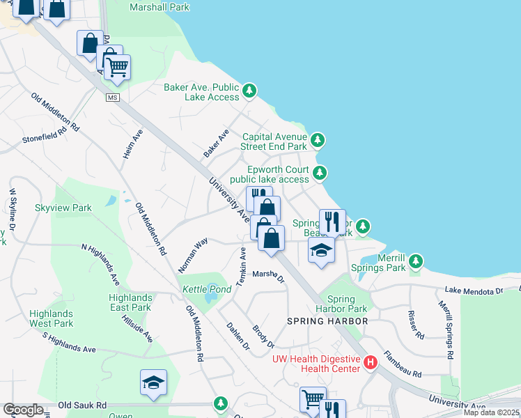 map of restaurants, bars, coffee shops, grocery stores, and more near 1714 Camus Lane in Madison