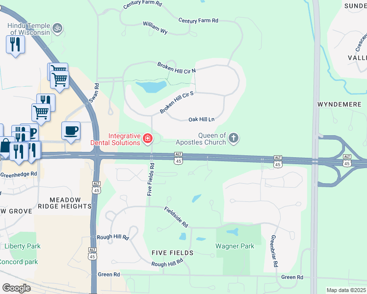 map of restaurants, bars, coffee shops, grocery stores, and more near N35W23624 Auburn Court in Pewaukee