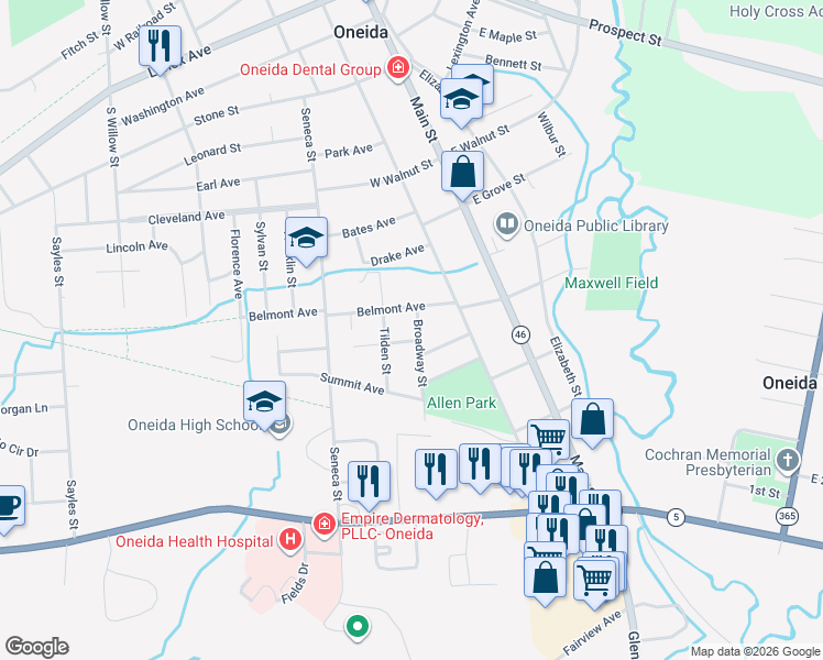 map of restaurants, bars, coffee shops, grocery stores, and more near 231 Belmont Avenue in Oneida