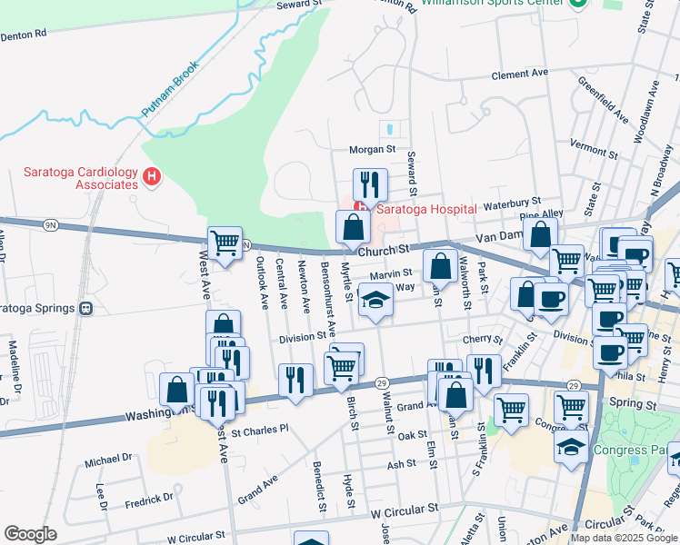 map of restaurants, bars, coffee shops, grocery stores, and more near 264 Church Street in Saratoga Springs