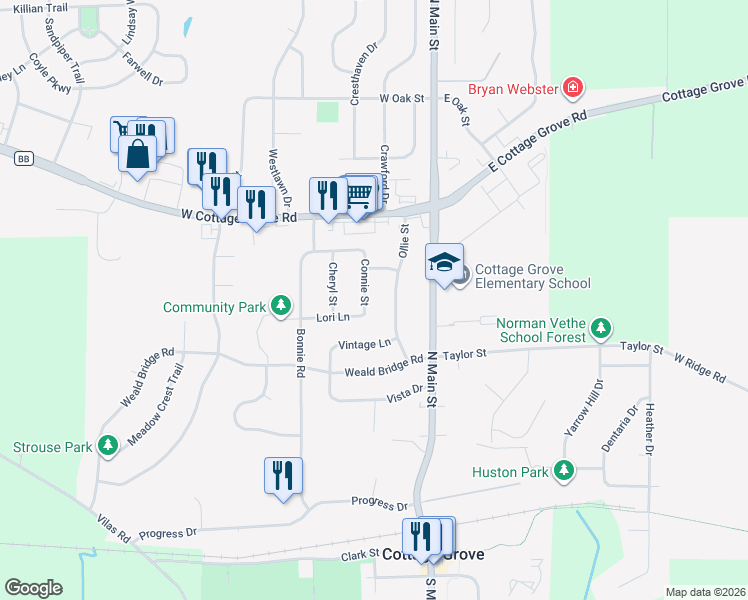 map of restaurants, bars, coffee shops, grocery stores, and more near 442 Connie Street in Cottage Grove