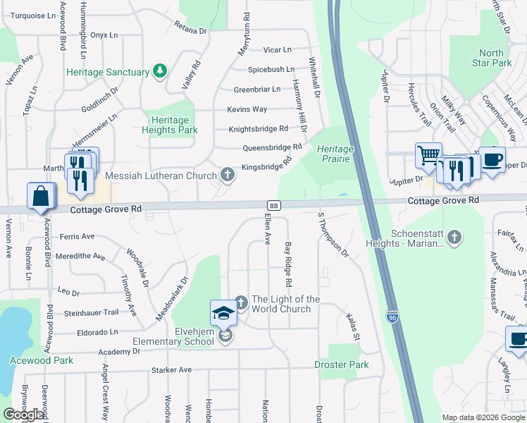 map of restaurants, bars, coffee shops, grocery stores, and more near 5218 County Road BB in Madison