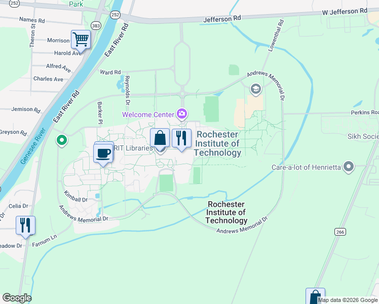 map of restaurants, bars, coffee shops, grocery stores, and more near Lomb Memorial Drive in Rochester