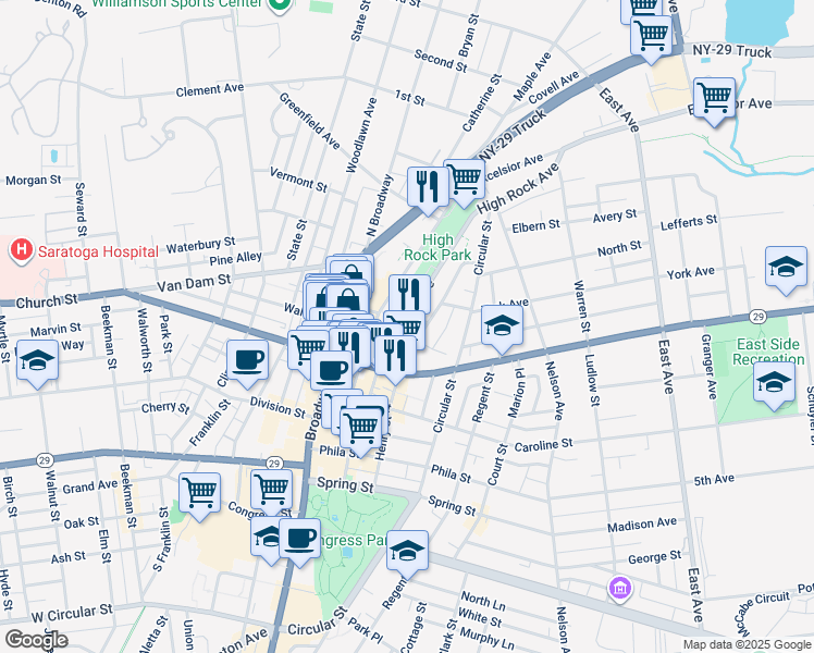 map of restaurants, bars, coffee shops, grocery stores, and more near 1 York Street in Saratoga Springs