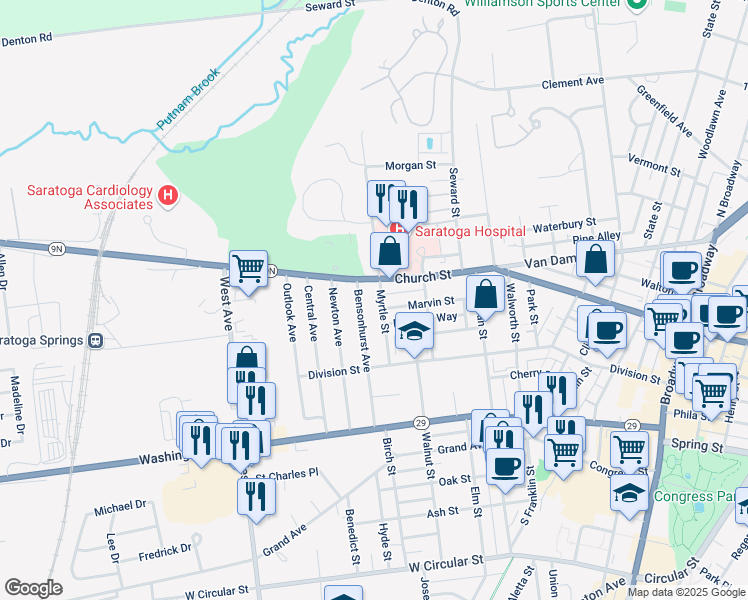 map of restaurants, bars, coffee shops, grocery stores, and more near 264 Church Street in Saratoga Springs