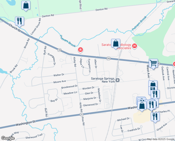 map of restaurants, bars, coffee shops, grocery stores, and more near 28 Tompion Lane in Saratoga Springs