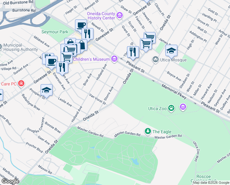 map of restaurants, bars, coffee shops, grocery stores, and more near 40 Parkside Court in Utica