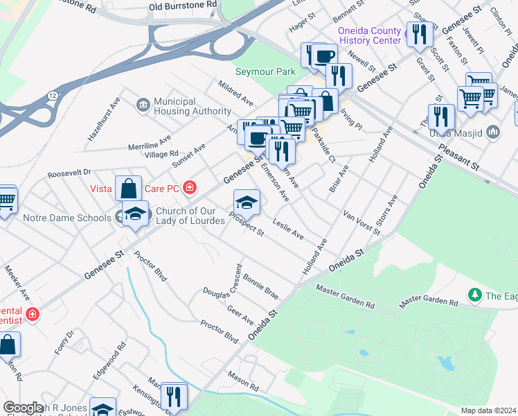 map of restaurants, bars, coffee shops, grocery stores, and more near 2107 Ottillia Street in Utica
