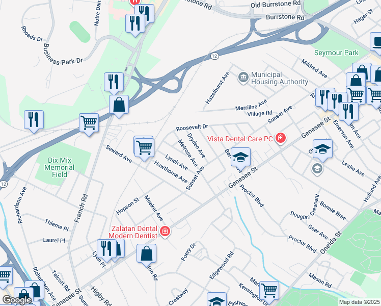 map of restaurants, bars, coffee shops, grocery stores, and more near 114 Dryden Avenue in Utica
