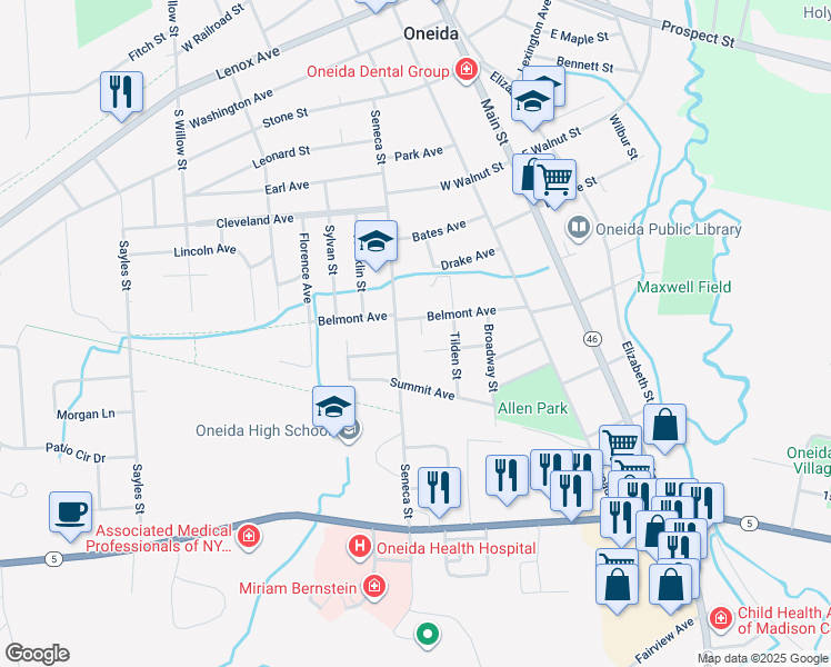 map of restaurants, bars, coffee shops, grocery stores, and more near 280 Belmont Avenue in Oneida