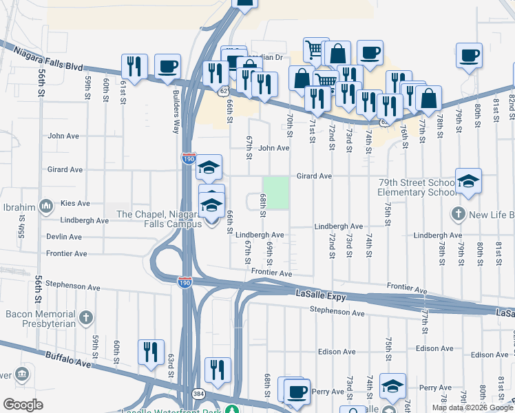 map of restaurants, bars, coffee shops, grocery stores, and more near 48 Kies Court in Niagara Falls