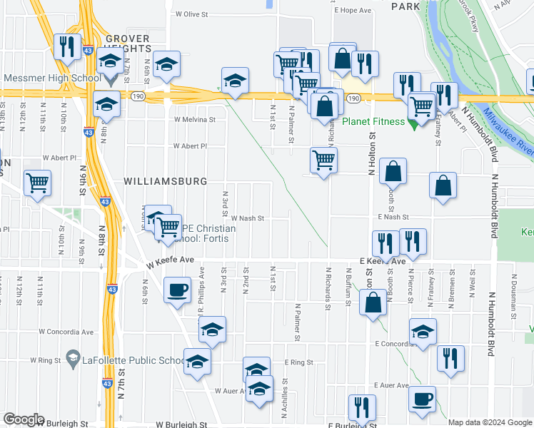map of restaurants, bars, coffee shops, grocery stores, and more near 104 East Nash Street in Milwaukee